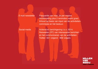 E-mail newsletter	Frequentie van max. 3x per maand.
Hoofdmailing plus 2 reminders werkt goed.
Inhoud op basis van input van de activiteiten-
commissie en het bestuur.
Social media	Actieve(re) berichtgeving t.o.v. 2014.
Retweeten (RT) van interessante berichten
en het communiceren van de activiteiten.
	 Twitter: 551 volgend 859 volgers
 
