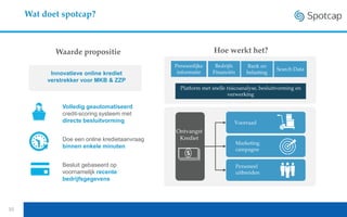 Wat doet spotcap?
Volledig geautomatiseerd
credit-scoring systeem met
directe besluitvorming
Doe een online kredietaanvraag
binnen enkele minuten
Besluit gebaseerd op
voornamelijk recente
bedrijfsgegevens
Hoe werkt het?
Platform met snelle risicoanalyse, besluitvorming en
verwerking
Voorraad
Marketing
campagne
Persoonlijke
informatie
Personeel
uitbreiden
Bedrijfs
Financiën
Bank en
belasting
Search Data
Waarde propositie
Innovatieve online krediet
verstrekker voor MKB & ZZP
Ontvangst
Krediet
10
 