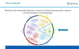 3
Wat is fintech?
Bedrijven die financiële diensten verlenen en hun bestaansrecht verlenen
aan het inzetten van technologie.
 