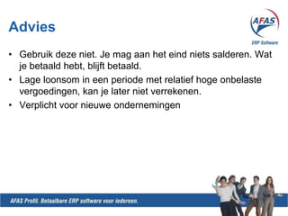 WerkingJe kijktnaar het fiscaal loon van 2010.Je berekentdaar 1,4% over en deeltditbedrag door je aantalaangiftetijdvakken in 2011. Dit is je toestbedragJe berekent per periode 1,4% over je fiscaal loon. Datvergelijk je met je toetsbedrag.Ga je in eenperiode over ditbedrag, dan 80% eindheffing over het verschil.Ga je eronder, dangebeurterniets. In de laatsteperiodereken je de 1,4% over het totalefiscaal loon van 2011. Indien je teveelbetaaldhebt, danwordtdatweerverrekend.