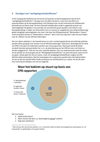 4 Gevolgen van “werkgelegenheidseffecten”
In het voorgaande hoofdstuk zijn we tot de verrassende constatering gekomen dat de term
“werkgelegenheidseffecten” niet gaat over het effect op banen, maar over het effect van
wetsvoorstellen op de beroepsbevolking. Het CPB gaat ervan uit dat iemand die de arbeidsmarkt
betreedt ook een baan vindt. Dit komt doordat het gebruikte model is opgesteld op basis van
wetmatigheden die gelden in een periode van economische groei waarbij er een tekort is aan
beroepsbevolking. In tijden van (financiële) crisis en recessie en mogelijk wel voor altijd (robotisering)
gelden dergelijke wetmatigheden niet meer. Het door het CPB gehanteerde “Werkzoekers = Banen”
moet veranderd worden in “Werkzoekers ≠ Banen”. Wat is het risico daarvan? Laten we eerst kijken
naar de effecten van de CPB doorrekeningen.
We zien tijdens debatten in de Tweede Kamer en ook in verkiezingstijd dat de verschillende politieke
partijen elkaar graag de oren wassen met de CPB doorrekeningen. Daarmee is bevestigd dat het werk
van CPB er toe doet. De uitkomsten worden zeer serieus genomen. Daarnaast wordt dit beeld
versterkt doordat wetsvoorstellen het i.v.m. de doorrekening van het CPB het soms niet halen en
worden weggestemd. Ook zien we meer specifiek gekeken naar ons onderwerp dat zowel de media
als de politiek aan de haal gaat met de “Werkgelegenheidseffecten” als ware het banen waar het om
zou gaan. Helaas gaat het niet om banen, maar om werkgelegenheidseffecten volgens de CPB
definitie ofwel werkzoekers. Met de maatregelen die nu genomen worden door het kabinet kijken
we dus of dat een positief effect heeft op de groei van werkloosheid i.p.v. banen. Als we dit weer
even schematisch bekijken zien we het volgende:
We zien hierbij:
 Gelijk aantal banen!
 Meer mensen die door o.a. belastingdruk moeten2
werken!
 Nog meer werklozen!
2
Ook mensen die niet kunnen werken i.v.m. chronische ziekte of taken op het gebied van participatie en / of
zorg worden nu gedwongen om te gaan werken.
 