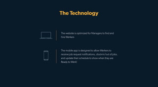 The Technology
The mobile app is designed to allow Werkers to
receive job request notiﬁcations, clock-in/out of jobs,
and update their schedule to show when they are
Ready to Werk!
The website is optimized for Managers to ﬁnd and
hire Werkers
 