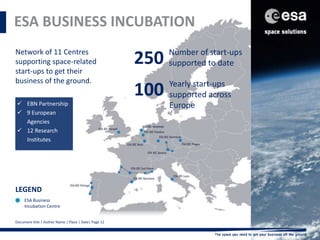 ESA BUSINESS INCUBATION 
Network of 11 Centres 
supporting space-related 
start-ups to get their 
business of the ground. ...