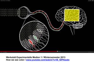Werkstatt Experimentelle Medien 1 / Wintersemester 2013
How we see color / www.youtube.com/watch/?v=l8_fZPHasdo

 