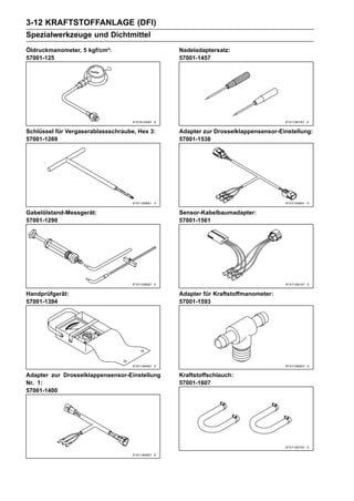 3-12 KRAFTSTOFFANLAGE (DFI)
Spezialwerkzeuge und Dichtmittel
Öldruckmanometer, 5 kgf/cm²:                   Nadeladaptersatz:
57001-125                                      57001-1457




Schlüssel für Vergaserablassschraube, Hex 3:   Adapter zur Drosselklappensensor-Einstellung:
57001-1269                                     57001-1538




Gabelölstand-Messgerät:                        Sensor-Kabelbaumadapter:
57001-1290                                     57001-1561




Handprüfgerät:                                 Adapter für Kraftstoffmanometer:
57001-1394                                     57001-1593




Adapter zur Drosselklappensensor-Einstellung   Kraftstoffschlauch:
Nr. 1:                                         57001-1607
57001-1400
 