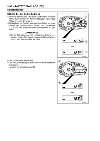 3-38 KRAFTSTOFFANLAGE (DFI)
Selbstdiagnose
Schritte bei der Selbstdiagnose
○Bei einer Störung des DFI- oder Zündsystems wird der
 Fahrer durch Blinken der Warnleuchte (LED) [A] und des
 FI-Warnsymbols [B] gewarnt.
○Bei Modellen mit Wegfahrsperre wird der Fahrer bei einer
 Störung des Systems durch Blinken der Warnleuchte
 (LED) und des Wegfahrsperren-Warnsymbols [C] ge-
 warnt.
                     ANMERKUNG
 ○Bei der Selbstdiagnose eine voll geladene Batterie ver-
   wenden. Andernfalls blinken Anzeige (LED) und Warn-
   symbol sehr langsam oder gar nicht.




• Den Zündschalter einschalten. um den Kilometerzähler
• Den MODE-Knopf [A] drücken,
  anzuzeigen.
   Modelle mit Wegfahrsperre [B]
 
