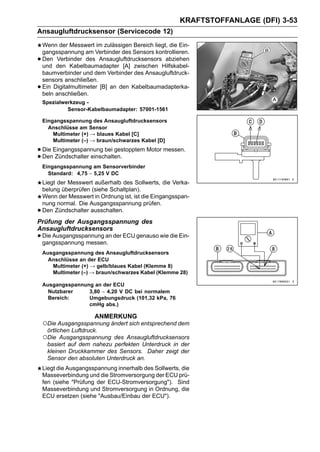 KRAFTSTOFFANLAGE (DFI) 3-53
Ansaugluftdrucksensor (Servicecode 12)
    Wenn der Messwert im zulässigen Bereich liegt, die Ein-
    gangsspannung am Verbinder des Sensors kontrollieren.
•   Den Verbinder des Ansaugluftdrucksensors abziehen
    und den Kabelbaumadapter [A] zwischen Hilfskabel-
    baumverbinder und dem Verbinder des Ansaugluftdruck-
    sensors anschließen.
•   Ein Digitalmultimeter [B] an den Kabelbaumadapterka-
    beln anschließen.
    Spezialwerkzeug -
             Sensor-Kabelbaumadapter: 57001-1561

    Eingangsspannung des Ansaugluftdrucksensors
      Anschlüsse am Sensor
        Multimeter (+) → blaues Kabel [C]
        Multimeter (–) → braun/schwarzes Kabel [D]

• Die Eingangsspannung bei gestopptem Motor messen.
• Den Zündschalter einschalten.
    Eingangsspannung am Sensorverbinder
      Standard: 4,75 ∼ 5,25 V DC
    Liegt der Messwert außerhalb des Sollwerts, die Verka-
    belung überprüfen (siehe Schaltplan).
    Wenn der Messwert in Ordnung ist, ist die Eingangsspan-
    nung normal. Die Ausgangsspannung prüfen.
•   Den Zündschalter ausschalten.
Prüfung der Ausgangsspannung des
Ansaugluftdrucksensors
• Die Ausgangsspannung an der ECU genauso wie die Ein-
  gangsspannung messen.
    Ausgangsspannung des Ansaugluftdrucksensors
      Anschlüsse an der ECU
       Multimeter (+) → gelb/blaues Kabel (Klemme 8)
       Multimeter (–) → braun/schwarzes Kabel (Klemme 28)

    Ausgangsspannung an der ECU
      Nutzbarer    3,80 ∼ 4,20 V DC bei normalem
      Bereich:     Umgebungsdruck (101,32 kPa, 76
                   cmHg abs.)

                       ANMERKUNG
    ○Die Ausgangsspannung ändert sich entsprechend dem
     örtlichen Luftdruck.
    ○Die Ausgangsspannung des Ansaugluftdrucksensors
     basiert auf dem nahezu perfekten Unterdruck in der
     kleinen Druckkammer des Sensors. Daher zeigt der
     Sensor den absoluten Unterdruck an.
    Liegt die Ausgangsspannung innerhalb des Sollwerts, die
    Masseverbindung und die Stromversorgung der ECU prü-
    fen (siehe "Prüfung der ECU-Stromversorgung"). Sind
    Masseverbindung und Stromversorgung in Ordnung, die
    ECU ersetzen (siehe "Ausbau/Einbau der ECU").
 