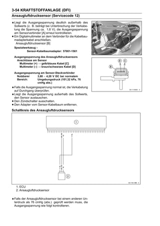 3-54 KRAFTSTOFFANLAGE (DFI)
Ansaugluftdrucksensor (Servicecode 12)
    Liegt die Ausgangsspannung deutlich außerhalb des
    Sollwerts (z. B. beträgt bei Unterbrechung der Verkabe-
    lung die Spannung ca. 1,8 V), die Ausgangsspannung
    am Sensorverbinder [A] erneut kontrollieren.
•   Ein Digitalmultimeter an dem Verbinder für die Kabelbau-
    madapterkabel anschließen.
      Ansaugluftdrucksensor [B]
    Spezialwerkzeug -
             Sensor-Kabelbaumadapter: 57001-1561

    Ausgangsspannung des Ansaugluftdrucksensors
      Anschlüsse am Sensor
       Multimeter (+) → gelb/blaues Kabel [C]
       Multimeter (–) → braun/schwarzes Kabel [D]

    Ausgangsspannung am Sensor-Steckverbinder
      Nutzbarer    3,80 ∼ 4,20 V DC bei normalem
      Bereich:     Umgebungsdruck (101,32 kPa, 76
                   cmHg abs.)
    Falls die Ausgangsspannung normal ist, die Verkabelung
    auf Durchgang überprüfen.
    Liegt die Ausgangsspannung außerhalb des Sollwerts,
    den Sensor austauschen.
•   Den Zündschalter ausschalten.
•   Den Adapter vom Sensor-Kabelbaum entfernen.
Schaltkreis des Ansaugluftdrucksensors




     1. ECU
     2. Ansaugluftdrucksensor

    Falls der Ansaugluftdrucksensor bei einem anderen Un-
    terdruck als 76 cmHg (abs.) geprüft werden muss, die
    Ausgangsspannung wie folgt kontrollieren.
 