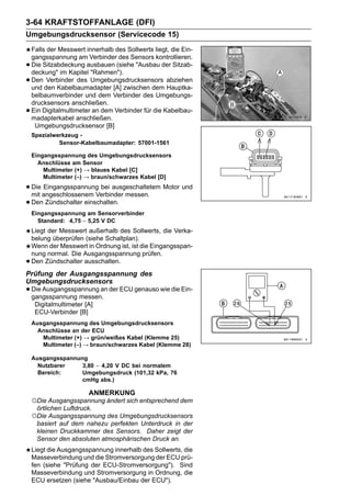 3-64 KRAFTSTOFFANLAGE (DFI)
Umgebungsdrucksensor (Servicecode 15)
    Falls der Messwert innerhalb des Sollwerts liegt, die Ein-
    gangsspannung am Verbinder des Sensors kontrollieren.
•   Die Sitzabdeckung ausbauen (siehe "Ausbau der Sitzab-
    deckung" im Kapitel "Rahmen").
•   Den Verbinder des Umgebungsdrucksensors abziehen
    und den Kabelbaumadapter [A] zwischen dem Hauptka-
    belbaumverbinder und dem Verbinder des Umgebungs-
    drucksensors anschließen.
•   Ein Digitalmultimeter an dem Verbinder für die Kabelbau-
    madapterkabel anschließen.
     Umgebungsdrucksensor [B]
    Spezialwerkzeug -
             Sensor-Kabelbaumadapter: 57001-1561

    Eingangsspannung des Umgebungsdrucksensors
      Anschlüsse am Sensor
        Multimeter (+) → blaues Kabel [C]
        Multimeter (–) → braun/schwarzes Kabel [D]

• Die angeschlossenem Verbinder messen. Motor und
  mit
      Eingangsspannung bei ausgeschaltetem

• Den Zündschalter einschalten.
    Eingangsspannung am Sensorverbinder
      Standard: 4,75 ∼ 5,25 V DC
    Liegt der Messwert außerhalb des Sollwerts, die Verka-
    belung überprüfen (siehe Schaltplan).
    Wenn der Messwert in Ordnung ist, ist die Eingangsspan-
    nung normal. Die Ausgangsspannung prüfen.
•   Den Zündschalter ausschalten.
Prüfung der Ausgangsspannung des
Umgebungsdrucksensors
• Die Ausgangsspannung an der ECU genauso wie die Ein-
  gangsspannung messen.
     Digitalmultimeter [A]
     ECU-Verbinder [B]
    Ausgangsspannung des Umgebungsdrucksensors
      Anschlüsse an der ECU
       Multimeter (+) → grün/weißes Kabel (Klemme 25)
       Multimeter (–) → braun/schwarzes Kabel (Klemme 28)

    Ausgangsspannung
      Nutzbarer    3,80 ∼ 4,20 V DC bei normalem
      Bereich:     Umgebungsdruck (101,32 kPa, 76
                   cmHg abs.)

                        ANMERKUNG
    ○Die Ausgangsspannung ändert sich entsprechend dem
     örtlichen Luftdruck.
    ○Die Ausgangsspannung des Umgebungsdrucksensors
     basiert auf dem nahezu perfekten Unterdruck in der
     kleinen Druckkammer des Sensors. Daher zeigt der
     Sensor den absoluten atmosphärischen Druck an.
    Liegt die Ausgangsspannung innerhalb des Sollwerts, die
    Masseverbindung und die Stromversorgung der ECU prü-
    fen (siehe "Prüfung der ECU-Stromversorgung"). Sind
    Masseverbindung und Stromversorgung in Ordnung, die
    ECU ersetzen (siehe "Ausbau/Einbau der ECU").
 