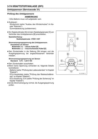 3-74 KRAFTSTOFFANLAGE (DFI)
Umkippsensor (Servicecode 31)
Prüfung des Umkippsensors
                     ANMERKUNG
 ○Die Batterie muss voll aufgeladen sein.
• Ausbauen: (siehe "Ausbau des Windschutzes" im Ka-
   Windschutz
   pitel "Rahmen")
   Gummiabdeckung (aufstemmen)

• Ein Digitalvoltmeter [A] mit dem[B] anschließen. [C] am
  Verbinder des Umkippsensors
                                   Nadeladaptersatz

 Spezialwerkzeug -
          Nadeladaptersatz: 57001-1457

 Stromversorgungsspannung des Umkippsensors
   Anschlüsse am Sensor
     Multimeter (+) → blaues Kabel [D]
     Multimeter (–) → braun/schwarzes Kabel [E]

• Den Zündschalter in bei Stellung ON bringenVerbinder
  Ausgangsspannung
                      die
                          angeschlossenem
                                              und die

 messen.
 Stromversorgungsspannung am Sensor
   Standard: 4,75 ∼ 5,25 V DC

• Den Zündschalter ausschalten. ist, folgende Details
  Wenn keine Spannung vorhanden
 kontrollieren:
  Batterie (siehe "Prüfung des Ladezustandes" im Kapitel
  "Elektrik")
  ECU-Hauptrelais (siehe "Prüfung des Relaisschaltkrei-
  ses" im Kapitel "Elektrik")
  ECU-Sicherung 10 A (siehe "Prüfung der Sicherung" im
  Kapitel "Elektrik")
 Ist die Stromversorgung normal, die Ausgangsspannung
 prüfen.
 