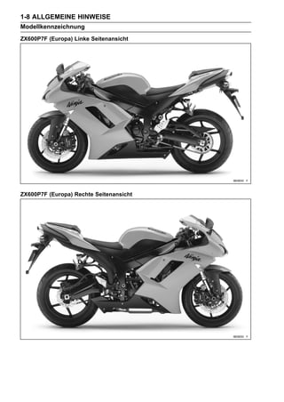 1-8 ALLGEMEINE HINWEISE
Modellkennzeichnung
ZX600P7F (Europa) Linke Seitenansicht




ZX600P7F (Europa) Rechte Seitenansicht
 