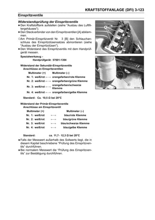 KRAFTSTOFFANLAGE (DFI) 3-123
Einspritzventile
Widerstandsprüfung der Einspritzventile
• Den Kraftstofftank aufstellen (siehe "Ausbau des Luftfil-
  tergehäuses").
• Den Steckverbinder von den Einspritzventilen [A] abklem-
  men.
○Am     Primär-Einspritzventil Nr. 3 [B] den Schlauchan-
    schluss des Einspritzdüsensatzes abmontieren (siehe
    "Ausbau der Einspritzdüsen").
•   Den Widerstand des Einspritzventils mit dem Handprüf-
    gerät messen.
    Spezialwerkzeug -
             Handprüfgerät: 57001-1394

    Widerstand der Sekundär-Einspritzventile
     Anschlüsse an Einspritzventilen
          Multimeter (+)      Multimeter (–)
         Nr. 1: weiß/rot ←→ orangefarben/rote Klemme
         Nr. 2: weiß/rot ←→ orangefarben/grüne Klemme
                              orangefarben/schwarze
         Nr. 3: weiß/rot ←→
                              Klemme
         Nr. 4: weiß/rot ←→ orangefarben/gelbe Klemme

      Standard: Ca. 10,5 Ω bei 20°C

    Widerstand der Primär-Einspritzventile
     Anschlüsse am Einspritzventil
        Multimeter (+)                   Multimeter (–)
        Nr. 1: weiß/rot       ←→       blau/rote Klemme
        Nr. 2: weiß/rot       ←→      blau/grüne Klemme
        Nr. 3: weiß/rot       ←→     blau/schwarze Klemme
        Nr. 4: weiß/rot       ←→       blau/gelbe Klemme


      Standard:            ca. 11,7∼ 12,3 Ω bei 20°C
    Falls der Messwert außerhalb des Sollwerts liegt, die in
    diesem Kapitel beschriebene “Prüfung des Einspritzven-
    tils” durchführen.
    Bei normalem Messwert die “Prüfung des Einspritzven-
    tils” zur Bestätigung durchführen.
 