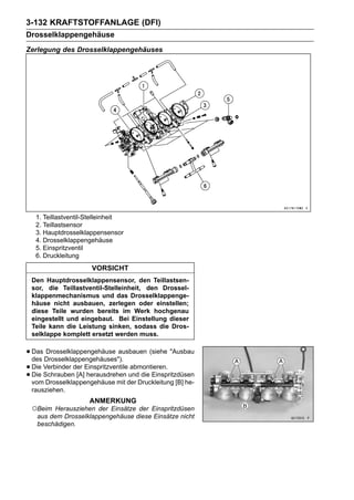 3-132 KRAFTSTOFFANLAGE (DFI)
Drosselklappengehäuse
Zerlegung des Drosselklappengehäuses




   1. Teillastventil-Stelleinheit
   2. Teillastsensor
   3. Hauptdrosselklappensensor
   4. Drosselklappengehäuse
   5. Einspritzventil
   6. Druckleitung
                      VORSICHT
 Den Hauptdrosselklappensensor, den Teillastsen-
 sor, die Teillastventil-Stelleinheit, den Drossel-
 klappenmechanismus und das Drosselklappenge-
 häuse nicht ausbauen, zerlegen oder einstellen;
 diese Teile wurden bereits im Werk hochgenau
 eingestellt und eingebaut. Bei Einstellung dieser
 Teile kann die Leistung sinken, sodass die Dros-
 selklappe komplett ersetzt werden muss.


• Das Drosselklappengehäuses").
  des
       Drosselklappengehäuse ausbauen (siehe "Ausbau

• Die Schraubender Einspritzventile und die Einspritzdüsen
      Verbinder                     abmontieren.
• vom Drosselklappengehäuse mit der Druckleitung [B] he-
  Die            [A] herausdrehen

 rausziehen.
                     ANMERKUNG
 ○Beim Herausziehen der Einsätze der Einspritzdüsen
  aus dem Drosselklappengehäuse diese Einsätze nicht
  beschädigen.
 