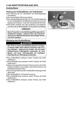 3-144 KRAFTSTOFFANLAGE (DFI)
Kraftstofftank
Prüfung des Kraftstofftanks und Tankdeckels
• Die Dichtung [A] am Tankdeckel auf Beschädigungen
  kontrollieren.
    Eine beschädigte Dichtung ersetzen.
•   Die Wasserablassleitung [B] und die Entlüftungsleitung
    für den Kraftstofftank [C] (Modell für Kalifornien) auf Ver-
    stopfung kontrollieren. Auch das Tankdeckelventil prüfen.
    Sind diese verstopft, den Tank ausbauen und entleeren,
    und dann den Entlüftungsfilter mit Druckluft durchblasen.
                          VORSICHT
    Keine Pressluft an den Belüftungsöffnungen [D] im
    Tankdeckel anlegen. Dadurch kann die Labyrinth-
    dichtung im Motorkühlerdeckel beschädigt werden
    und sich zusetzen.
Reinigung des Kraftstofftanks
                           ACHTUNG
    Den Tank in einem gut belüfteten Bereich reinigen,
    in dessen Nähe keine offenen Flammen oder Fun-
    ken auftreten. Aufgrund der Gefahr, die mit leicht
    entflammbaren Flüssigkeiten verbunden ist, kein
    Benzin und keine Lösungsmittel mit niedrigem
    Flammpunkt zur Reinigung verwenden.

• Den Kraftstofftank ausbauen (siehe "Ausbau des Kraft-
  stofftanks").
• Die Kraftstoffpumpe ausbauen (siehe "Ausbau der Kraft-
  stoffpumpe").
• Etwas Lösungsmittel mit hohem Flammpunkt in den Kraft-
  stofftank schütten und schütteln, damit sich Schmutz- und
    Kraftstoffrückstände lösen.
•   Das Lösungsmittel aus dem Kraftstofftank absaugen oder
    abpumpen.
•   Den Kraftstofftank mit Pressluft trocknen.
•   Die Kraftstoffpumpe einbauen (siehe "Einbau der Kraft-
    stoffpumpe").
•   Den Kraftstofftank einbauen (siehe "Einbau des Kraft-
    stofftanks").
 