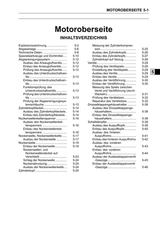 MOTOROBERSEITE 5-1




                                        Motoroberseite
                                              INHALTSVERZEICHNIS
Explosionszeichnung.........................               5-2      Messung der Zylinderkompres-
Abgasanlage......................................          5-6        sion............................................     5-25
Technische Daten ..............................            5-8      Ausbau des Zylinderkopfs............                   5-26
Spezialwerkzeuge und Dichtmittel.....                     5-10      Einbau des Zylinderkopfs.............                  5-27
Abgasreinigungssystem ....................                5-12      Zylinderkopf auf Verzug ...............                5-28
    Ausbau des Ansaugluftventils......                    5-12   Ventile................................................   5-29
    Einbau des Ansaugluftventils.......                   5-12      Prüfung des Ventilspiels...............                5-29
    Prüfung des Ansaugluftventils .....                   5-12      Einstellung des Ventilspiels..........                 5-29
    Ausbau des Unterdruckschaltven-                                 Ausbau des Ventils ......................              5-29   5
     tils..............................................   5-13      Einbau des Ventils .......................             5-29
    Einbau des Unterdruckschaltven-                                 Ausbau der Ventilführung.............                  5-30
     tils..............................................   5-13      Einbau der Ventilführung..............                 5-30
    Funktionsprüfung des                                            Messung des Spiels zwischen
     Unterdruckschaltventils .............                5-13        Ventil und Ventilführung (durch
    Prüfung des Unterdruckschaltven-                                  Wackeln) ...................................         5-31
     tils..............................................   5-13      Prüfung des Ventilsitzes...............                5-32
    Prüfung der Abgasreinigungssys-                                 Reparatur des Ventilsitzes ...........                 5-32
     temschläuche ............................            5-13   Drosselklappengehäusehalter ...........                   5-38
Zylinderkopfdeckel.............................           5-14      Ausbau des Drosselklappenge-
    Ausbau des Zylinderkopfdeckels .                      5-14        häusehalters..............................           5-38
    Einbau des Zylinderkopfdeckels ..                     5-14      Einbau des Drosselklappenge-
Nockenwellenkettenspanner .............                   5-16        häusehalters..............................           5-38
    Ausbau des Nockenwellenket-                                  Schalldämpfer....................................         5-39
     tenspanners ..............................           5-16      Ausbau des Auspufftopfs .............                  5-39
    Einbau des Nockenwellenket-                                     Einbau des Auspufftopfs ..............                 5-40
     tenspanners ..............................           5-16      Ausbau des hinteren
Nockenwelle, Nockenwellenkette ......                     5-17        Auspuffrohrs..............................           5-41
    Ausbau der Nockenwelle .............                  5-17      Einbau des hinteren Auspuffrohrs                       5-42
Nockenwelle ......................................        5-19      Ausbau des vorderen
    Einbau der Nockenwelle ..............                 5-19        Auspuffrohrs..............................           5-43
    Nockenwellen und                                                Einbau des vorderen
     Nockenwellendeckel auf                                           Auspuffrohrs..............................           5-44
     Verschleiß .................................         5-23      Ausbau der Auslassklappenventil
    Schlag der Nockenwelle ..............                 5-24        -Gaszüge...................................          5-45
    Nockenabnutzung ........................              5-24      Einbau der Auslassklappenventil
    Ausbau der Nockenwellenkette ...                      5-24        -Gaszüge...................................          5-46
Zylinderkopf .......................................      5-25
 