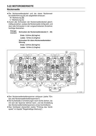 5-22 MOTOROBERSEITE
Nockenwelle

• Die Nockenwellendeckel abgebildet einbauen.
  len-Kettenführung [A] wie
                            und die obere Nockenwel-

     “R” Markierung [B]
     “L” Markierung [C]
•   Zuerst alle Schrauben der Nockenwellendeckel gleich-
    mäßig anziehen, sodass die Nockenwelle richtig sitzt, und
    dann alle Schrauben in der vorgeschriebenen Anziehrei-
    henfolge festziehen.
      Anzugs-
                 Schrauben der Nockenwellendeckel (1 ∼ 20)
      moment
                   Erste: 5,9 N·m (0,6 kgf·m)
                   Letzte: 12 N·m (1,2 kgf·m)
                 Schrauben für obere Nockenwellenketten-
                 führung
                   Erste: 5,9 N·m (0,6 kgf·m)
                   Letzte: 12 N·m (1,2 kgf·m)




• Den des Nockenwellenkettenspanners"). (siehe "Ein-
  bau
       Nockenwellenkettenspanner einbauen

• Die sich der Spanner dehnen kann, und die drehen, da-
  mit
      Kurbelwelle 2 Umdrehungen nach rechts
                                            Einstellung
    des Nockenwellenkettenspanners erneut kontrollieren.
•   Das Ventilspiel überprüfen (siehe "Prüfung des Ventil-
    spiels" im Kapitel "Regelmäßige Wartung").
 