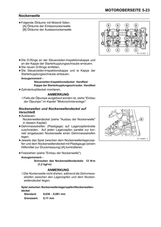 MOTOROBERSEITE 5-23
Nockenwelle

• Folgende ÖlräumeEinlassnockenwelle
   [A] Ölräume der
                   mit Motoröl füllen.

     [B] Ölräume der Auslassnockenwelle




• Dieder Kappean der Steuerzeiten-Inspektionskappe und
  an
      O-Ringe
                der Starterkupplungsschraube erneuern.
• Die Steuerzeiten-Inspektionskappe und ie Kappe der
  Die neuen O-Ringe einfetten.
• Starterkupplungsschraube einbauen.
    Anzugsmoment -
           Steuerzeiten-Inspektionsdeckel: Handfest
           Kappe der Starterkupplungsschraube: Handfest
• Zylinderkopfdeckel montieren.
                       ANMERKUNG
    ○Falls die Ölpumpe ausgebaut worden ist, siehe "Einbau
     der Ölpumpe" im Kapitel "Motorschmieranlage".

Nockenwellen und Nockenwellendeckel auf
Verschleiß
• Ausbauen:
   Nockenwellendeckel (siehe "Ausbau der Nockenwelle"
      in diesem Kapitel)
•   Dehnmessstreifen (Plastigage) auf Lagerzapfenbreite
    zuschneiden. Auf jeden Lagerzapfen parallel zur kor-
    rekt eingebauten Nockenwelle einen Dehnmessstreifen
    legen.
•   Jeweils das Spiel zwischen dem Nockenwellenlagerzap-
    fen und dem Nockenwellendeckel mit Plastigauge (einem
    Hilfsmittel zur Druckmessung) [A] kontrollieren.

• Festziehen (siehe "Einbau der Nockenwelle"):
    Anzugsmoment -
           Schrauben des Nockenwellendeckels: 12 N·m
             (1,2 kgf·m)

                       ANMERKUNG
    ○Die Nockenwelle nicht drehen, während die Dehnmess-
     streifen zwischen den Lagerzapfen und dem Nocken-
     wellendeckel liegen.

    Spiel zwischen Nockenwellenlagerzapfen/Nockenwellen-
    deckel
      Standard:     0,038 ∼ 0,081 mm
      Grenzwert:    0,17 mm
 