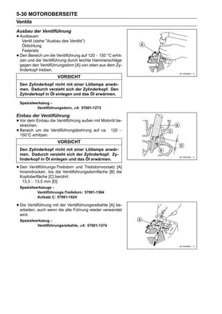 5-30 MOTOROBERSEITE
Ventile
Ausbau der Ventilführung
• Ausbauen: "Ausbau des Ventils")
   Ventil (siehe
      Öldichtung
      Federsitz
•   Den Bereich um die Ventilführung auf 120 ∼ 150 °C erhit-
    zen und die Ventilführung durch leichte Hammerschläge
    gegen den Ventilführungsdorn [A] von oben aus dem Zy-
    linderkopf treiben.
                        VORSICHT
    Den Zylinderkopf nicht mit einer Lötlampe anwär-
    men. Dadurch verzieht sich der Zylinderkopf. Den
    Zylinderkopf in Öl einlegen und das Öl erwärmen.

    Spezialwerkzeug -
             Ventilführungsdorn,   4: 57001-1273

Einbau der Ventilführung
• Vor dem Einbau die Ventilführung außen mit Motoröl be-
  streichen.
• Bereicherhitzen. Ventilführungsbohrung auf ca. 120 ∼
  150°C
           um die

                        VORSICHT
    Den Zylinderkopf nicht mit einer Lötlampe anwär-
    men. Dadurch verzieht sich der Zylinderkopf. Zy-
    linderkopf in Öl einlegen und das Öl erwärmen.

• Den Ventilführungs-Treibdorn und Treibdornvorsatz die
  hineindrücken, bis die Ventilführungsdornfläche [B]
                                                      [A]

    Kopfoberfläche [C] berührt.
     13,3 ∼ 13,5 mm [D]
    Spezialwerkzeuge -
             Ventilführungs-Treibdorn: 57001-1564
             Aufsatz C: 57001-1624

• Die Ventilführung mitdie alte Führung wieder verwendet
  arbeiten, auch wenn
                        der Ventilführungsreibahle [A] be-

    wird.
    Spezialwerkzeug -
             Ventilführungsreibahle,   4: 57001-1274
 