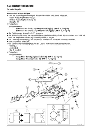 5-40 MOTOROBERSEITE
Schalldämpfer
Einbau des Auspufftopfs
 Falls die Auspufftopfabdeckungen ausgebaut worden sind, diese einbauen.
  Obere Auspufftopfabdeckung [A]
  Hintere Auspufftopfabdeckung [B]
  Dämpfer [C]
○Festziehen:
    Anzugsmoment -
           Schrauben für obere Auspufftopfabdeckung [D]: 6,9 N·m (0,70 kgf·m)
           Schrauben für hintere Auspufftopfabdeckung [E]: 6,9 N·m (0,70 kgf·m)
• Die Auspufftopfdichtung bis zum Anschlag in das hintere Auspuffrohr [G] einpressen, und zwar so,
      Dichtung des Auspufftopfs [F] erneuern.
• Die die angefasten Seiten [H] zum Auspufftopf [I] zeigen.
  dass
• Die Dichtungsanschläge [J] am Auspufftopf müssen das Ende der Dichtung berühren.
• DenSchalldämpferstreben [K] durch die Löcher im Hinterradschutzblech führen.
○Die
       Auspufftopf einbauen.

     Oben [L]
     Außen [M]
     Ca. 8 mm [N]
•   Festziehen:
    Anzugsmoment -
           Auspufftopf-Befestigungsschrauben [O]: 28 N·m (2,8 kgf·m)
           Auspufftopf-Klemmschraube [P]: 17 N·m (1,7 kgf·m)
 
