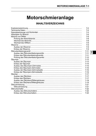 MOTORSCHMIERANLAGE 7-1




                              Motorschmieranlage
                                                 INHALTSVERZEICHNIS
Explosionszeichnung..............................................................................................................              7-2
Technische Daten ...................................................................................................................           7-4
Spezialwerkzeuge und Dichtmittel..........................................................................................                     7-5
Ablaufplan für Motoröl ............................................................................................................            7-6
Motoröl und Ölfilter .................................................................................................................         7-8
   Prüfung des Motorölstands ...............................................................................................                   7-8
   Wechsel des Motoröls.......................................................................................................                 7-8
   Wechsel des Ölfilters ........................................................................................................              7-8
Ölwanne .................................................................................................................................      7-9
   Ausbau der Ölwanne ........................................................................................................                 7-9
   Einbau der Ölwanne .........................................................................................................                7-9
Öldruckentlastungsventil ........................................................................................................             7-11
   Ausbau des Öldruckentlastungsventils .............................................................................                         7-11   7
   Einbau des Öldruckentlastungsventils ..............................................................................                        7-11
   Prüfung des Öldruckentlastungsventils.............................................................................                         7-12
Ölpumpe .................................................................................................................................     7-13
   Ausbau der Ölpumpe ........................................................................................................                7-13
   Einbau der Ölpumpe .........................................................................................................               7-14
   Ausbau des Ölpumpen-Zahnrades ...................................................................................                          7-15
   Einbau des Ölpumpen-Zahnrades ....................................................................................                         7-16
   Ausbau der Ölpumpen-Zahnradwelle ...............................................................................                           7-16
   Einbau der Ölpumpen-Zahnradwelle ................................................................................                          7-16
Ölkühler ..................................................................................................................................   7-17
   Ausbau des Ölkühlers.......................................................................................................                7-17
   Einbau des Ölkühlers........................................................................................................               7-17
   Ausbau des Ölkühlers/Ölfiltergehäuses............................................................................                          7-18
   Einbau des Ölkühlers/Ölfiltergehäuses.............................................................................                         7-19
Öldruckmessung.....................................................................................................................           7-21
   Öldruckmessung ...............................................................................................................             7-21
Öldruckschalter.......................................................................................................................        7-22
   Ausbau des Öldruckschalters ...........................................................................................                    7-22
   Einbau des Öldruckschalters ............................................................................................                   7-22
 