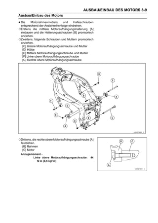 AUSBAU/EINBAU DES MOTORS 8-9
Ausbau/Einbau des Motors

• Die Motorrahmenmuttern und eindrehen.
  entsprechend der Anziehreihenfolge
                                     Halteschrauben

○Erstens    die mittlere Motoraufhängungshalterung [A]
 einbauen und die Halterungsschrauben [B] provisorisch
 anziehen.
○Zweitens, folgende Schrauben und Muttern provisorisch
 anziehen.
  [C] Untere Motoraufhängungsschraube und Mutter
  [D] Hülse
  [E] Mittlere Motoraufhängungsschraube und Mutter
  [F] Linke obere Motoraufhängungsschraube
  [G] Rechte obere Motoraufhängungsschraube




○Drittens, die rechte obere Motoraufhängungsschraube [A]
 festziehen.
  [B] Rahmen
  [C] Motor
 Anzugsmoment -
        Linke obere Motoraufhängungsschraube:        44
           N·m (4,5 kgf·m)
 