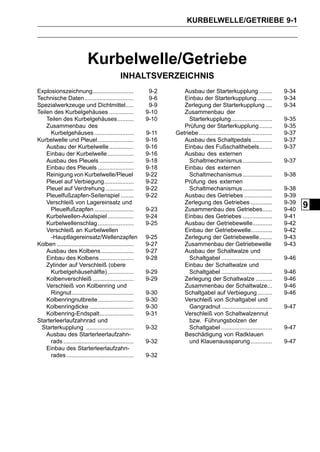 KURBELWELLE/GETRIEBE 9-1




                           Kurbelwelle/Getriebe
                                            INHALTSVERZEICHNIS
Explosionszeichnung.........................              9-2      Ausbau der Starterkupplung ........                  9-34
Technische Daten ..............................           9-6      Einbau der Starterkupplung .........                 9-34
Spezialwerkzeuge und Dichtmittel.....                     9-9      Zerlegung der Starterkupplung ....                   9-34
Teilen des Kurbelgehäuses ...............                9-10      Zusammenbau der
    Teilen des Kurbelgehäuses..........                  9-10        Starterkupplung.........................           9-35
    Zusammenbau des                                                Prüfung der Starterkupplung........                  9-35
      Kurbelgehäuses ........................            9-11   Getriebe.............................................   9-37
Kurbelwelle und Pleuel ......................            9-16      Ausbau des Schaltpedals ............                 9-37
    Ausbau der Kurbelwelle ...............               9-16      Einbau des Fußschalthebels........                   9-37
    Einbau der Kurbelwelle ................              9-16      Ausbau des externen
    Ausbau des Pleuels .....................             9-18        Schaltmechanismus ..................               9-37
    Einbau des Pleuels ......................            9-18      Einbau des externen
    Reinigung von Kurbelwelle/Pleuel                     9-22        Schaltmechanismus ..................               9-38
    Pleuel auf Verbiegung..................              9-22      Prüfung des externen
    Pleuel auf Verdrehung .................              9-22        Schaltmechanismus ..................               9-38
    Pleuelfußzapfen-Seitenspiel ........                 9-22      Ausbau des Getriebes .................               9-39
    Verschleiß von Lagereinsatz und                                Zerlegung des Getriebes .............                9-39
      Pleuelfußzapfen ........................           9-23      Zusammenbau des Getriebes......                      9-40
                                                                                                                               9
    Kurbelwellen-Axialspiel ................             9-24      Einbau des Getriebes ..................              9-41
    Kurbelwellenschlag ......................            9-25      Ausbau der Getriebewelle............                 9-42
    Verschleiß an Kurbelwellen                                     Einbau der Getriebewelle.............                9-42
      -Hauptlagereinsatz/Wellenzapfen                    9-25      Zerlegung der Getriebewelle........                  9-43
Kolben ...............................................   9-27      Zusammenbau der Getriebewelle                        9-43
    Ausbau des Kolbens ....................              9-27      Ausbau der Schaltwalze und
    Einbau des Kolbens .....................             9-28        Schaltgabel ...............................        9-46
    Zylinder auf Verschleiß (obere                                 Einbau der Schaltwalze und
      Kurbelgehäusehälfte) ................              9-29        Schaltgabel ...............................        9-46
    Kolbenverschleiß .........................           9-29      Zerlegung der Schaltwalze ..........                 9-46
    Verschleiß von Kolbenring und                                  Zusammenbau der Schaltwalze...                       9-46
      Ringnut......................................      9-30      Schaltgabel auf Verbiegung .........                 9-46
    Kolbenringnutbreite......................            9-30      Verschleiß von Schaltgabel und
    Kolbenringdicke ...........................          9-30        Gangradnut ...............................         9-47
    Kolbenring-Endspalt.....................             9-31      Verschleiß von Schaltwalzennut
Starterleerlaufzahnrad und                                           bzw. Führungsbolzen der
 Starterkupplung .............................           9-32        Schaltgabel ...............................        9-47
    Ausbau des Starterleerlaufzahn-                                Beschädigung von Radklauen
      rads ...........................................   9-32        und Klauenaussparung .............                 9-47
    Einbau des Starterleerlaufzahn-
      rades .........................................    9-32
 