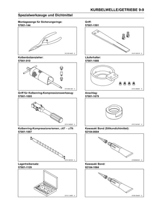 KURBELWELLE/GETRIEBE 9-9
Spezialwerkzeuge und Dichtmittel
Montagezange für Sicherungsringe:                Griff:
57001-144                                        57001-1591




Kolbenbolzenzieher:                              Läuferhalter:
57001-910                                        57001-1666




Griff für Kolbenring-Kompressionswerkzeug:       Anschlag:
57001-1095                                       57001-1679




Kolbenring-Kompressionsriemen,      67 ∼   79:   Kawasaki Bond (Silikondichtmittel):
57001-1097                                       92104-0004




Lagertreibersatz:                                Kawasaki Bond:
57001-1129                                       92104-1064
 