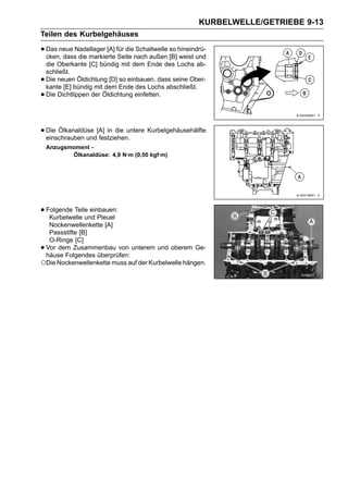 KURBELWELLE/GETRIEBE 9-13
Teilen des Kurbelgehäuses

• Das neue Nadellager [A] für dienach außen [B] hineindrü-
  cken, dass die markierte Seite
                                 Schaltwelle so
                                                weist und
    die Oberkante [C] bündig mit dem Ende des Lochs ab-
    schließt.
•   Die neuen Öldichtung [D] so einbauen, dass seine Ober-
    kante [E] bündig mit dem Ende des Lochs abschließt.
•   Die Dichtlippen der Öldichtung einfetten.




• Die Ölkanaldüse [A] in die untere Kurbelgehäusehälfte
  einschrauben und festziehen.
    Anzugsmoment -
           Ölkanaldüse: 4,9 N·m (0,50 kgf·m)




• Folgende Teile einbauen:
   Kurbelwelle und Pleuel
  Nockenwellenkette [A]
  Passstifte [B]
  O-Ringe [C]
•Vor dem Zusammenbau von unterem und oberem Ge-
 häuse Folgendes überprüfen:
○Die Nockenwellenkette muss auf der Kurbelwelle hängen.
 