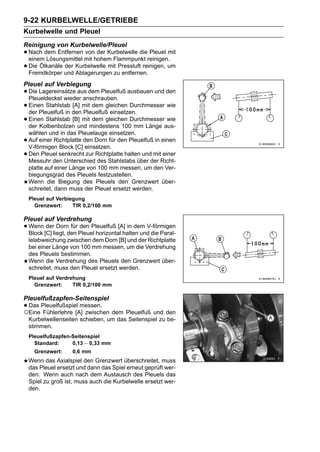 9-22 KURBELWELLE/GETRIEBE
Kurbelwelle und Pleuel
Reinigung von Kurbelwelle/Pleuel
• Nach dem Entfernen mit hohem Flammpunkt reinigen.mit
  einem Lösungsmittel
                      von der Kurbelwelle die Pleuel

• Die Ölkanäle und Kurbelwelle mitzuPressluft reinigen, um
  Fremdkörper
               der
                   Ablagerungen      entfernen.
Pleuel auf Verbiegung
• Die Lagereinsätze aus dem Pleuelfuß ausbauen und den
  Pleueldeckel wieder anschrauben.
• Einen Stahlstab den mit dem gleichen Durchmesser wie
  der Pleuelfuß in
                   [A]
                       Pleuelfuß einsetzen.
• der Kolbenbolzen und mindestens 100 mm Länge aus-
  Einen Stahlstab [B] mit dem gleichen Durchmesser wie

    wählen und in das Pleuelauge einsetzen.
•   Auf einer Richtplatte den Dorn für den Pleuelfuß in einen
    V-förmigen Block [C] einsetzen.
•   Den Pleuel senkrecht zur Richtplatte halten und mit einer
    Messuhr den Unterschied des Stahlstabs über der Richt-
    platte auf einer Länge von 100 mm messen, um den Ver-
    biegungsgrad des Pleuels festzustellen.
    Wenn die Biegung des Pleuels den Grenzwert über-
    schreitet, dann muss der Pleuel ersetzt werden.
    Pleuel auf Verbiegung
      Grenzwert:     TIR 0,2/100 mm

Pleuel auf Verdrehung
• Wenn [C] liegt, den Pleuel horizontal halten und die Paral-
  Block
        der Dorn für den Pleuelfuß [A] in dem V-förmigen

    lelabweichung zwischen dem Dorn [B] und der Richtplatte
    bei einer Länge von 100 mm messen, um die Verdrehung
    des Pleuels bestimmen.
    Wenn die Verdrehung des Pleuels den Grenzwert über-
    schreitet, muss den Pleuel ersetzt werden.
    Pleuel auf Verdrehung
      Grenzwert:     TIR 0,2/100 mm

Pleuelfußzapfen-Seitenspiel
• Das Pleuelfußspiel messen. dem Pleuelfuß und den
○Eine Fühlerlehre [A] zwischen
    Kurbelwellenseiten schieben, um das Seitenspiel zu be-
    stimmen.
    Pleuelfußzapfen-Seitenspiel
      Standard:     0,13 ∼ 0,33 mm
      Grenzwert:     0,6 mm
    Wenn das Axialspiel den Grenzwert überschreitet, muss
    das Pleuel ersetzt und dann das Spiel erneut geprüft wer-
    den. Wenn auch nach dem Austausch des Pleuels das
    Spiel zu groß ist, muss auch die Kurbelwelle ersetzt wer-
    den.
 