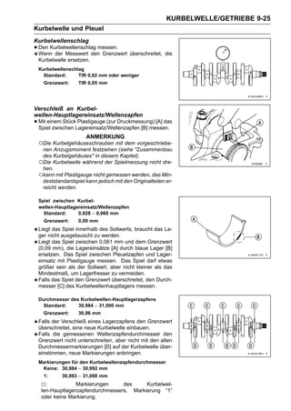 KURBELWELLE/GETRIEBE 9-25
Kurbelwelle und Pleuel
Kurbelwellenschlag
• Den Kurbelwellenschlag messen. überschreitet, die
  Wenn der Messwert den Grenzwert
 Kurbelwelle ersetzen.
 Kurbelwellenschlag
   Standard:     TIR 0,02 mm oder weniger
   Grenzwert:     TIR 0,05 mm




Verschleiß an Kurbel-
wellen-Hauptlagereinsatz/Wellenzapfen
• Mit einem StückLagereinsatz/Wellenzapfen [B] messen.
  Spiel zwischen
                  Plastigauge (zur Druckmessung) [A] das

                     ANMERKUNG
 ○Die Kurbelgehäuseschrauben mit dem vorgeschriebe-
  nen Anzugsmoment festziehen (siehe "Zusammenbau
  des Kurbelgehäuses" in diesem Kapitel).
 ○Die Kurbelwelle während der Spielmessung nicht dre-
  hen.
 ○kann mit Plastigauge nicht gemessen werden, das Min-
  deststandardspiel kann jedoch mit den Originalteilen er-
  reicht werden.

 Spiel zwischen Kurbel-
 wellen-Hauptlagereinsatz/Wellenzapfen
   Standard:     0,028 ∼ 0,060 mm
   Grenzwert:     0,09 mm
 Liegt das Spiel innerhalb des Sollwerts, braucht das La-
 ger nicht ausgetauscht zu werden.
 Liegt das Spiel zwischen 0,061 mm und dem Grenzwert
 (0,09 mm), die Lagereinsätze [A] durch blaue Lager [B]
 ersetzen. Das Spiel zwischen Pleuelzapfen und Lager-
 einsatz mit Plastigauge messen. Das Spiel darf etwas
 größer sein als der Sollwert, aber nicht kleiner als das
 Mindestmaß, um Lagerfresser zu vermeiden.
 Falls das Spiel den Grenzwert überschreitet, den Durch-
 messer [C] des Kurbelwellenhauptlagers messen.

 Durchmesser des Kurbelwellen-Hauptlagerzapfens
   Standard:    30,984 ∼ 31,000 mm
   Grenzwert:     30,96 mm
 Falls der Verschleiß eines Lagerzapfens den Grenzwert
 überschreitet, eine neue Kurbelwelle einbauen.
 Falls die gemessenen Wellenzapfendurchmesser den
 Grenzwert nicht unterschreiten, aber nicht mit den alten
 Durchmessermarkierungen [D] auf der Kurbelwelle über-
 einstimmen, neue Markierungen anbringen.
 Markierungen für den Kurbelwellenzapfendurchmesser
  Keine: 30,984 ∼ 30,992 mm
   1:      30,993 ∼ 31,000 mm
  □:            Markierungen     des     Kurbelwel-
  len-Hauptlagerzapfendurchmessers, Markierung “1”
  oder keine Markierung.
 