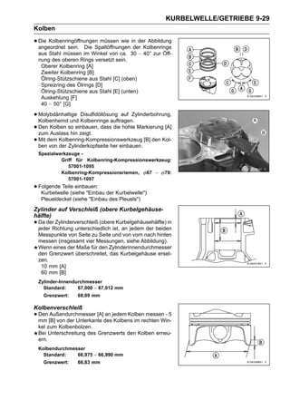 KURBELWELLE/GETRIEBE 9-29
Kolben

• Die Kolbenringöffnungen müssen wie in der Abbildung
  angeordnet sein. Die Spaltöffnungen der Kolbenringe
 aus Stahl müssen im Winkel von ca. 30 ∼ 40° zur Öff-
 nung des oberen Rings versetzt sein.
  Oberer Kolbenring [A]
  Zweiter Kolbenring [B]
  Ölring-Stützschiene aus Stahl [C] (oben)
  Spreizring des Ölrings [D]
  Ölring-Stützschiene aus Stahl [E] (unten)
  Auskehlung [F]
  40 ∼ 50° [G]

• Molybdänhaltige Kolbenringe auftragen.
  Kolbenhemd und
                   Disulfidöllösung auf Zylinderbohrung,

• Den Kolben so einbauen, dass die hohle Markierung [A]
  zum Auslass hin zeigt.
• Mit dem Kolbenring-Kompressionswerkzeug [B] den Kol-
  ben von der Zylinderkopfseite her einbauen.
 Spezialwerkzeuge -
          Griff für Kolbenring-Kompressionswerkzeug:
             57001-1095
          Kolbenring-Kompressionsriemen, 67 ∼ 79:
             57001-1097
• Folgende Teile einbauen: der Kurbelwelle")
   Kurbelwelle (siehe "Einbau
   Pleueldeckel (siehe "Einbau des Pleuels")
Zylinder auf Verschleiß (obere Kurbelgehäuse-
hälfte)
• Da derRichtung unterschiedlich ist, an jedem der beiden
  jeder
         Zylinderverschleiß (obere Kurbelgehäusehälfte) in

 Messpunkte von Seite zu Seite und von vorn nach hinten
 messen (insgesamt vier Messungen, siehe Abbildung).
 Wenn eines der Maße für den Zylinderinnendurchmesser
 den Grenzwert überschreitet, das Kurbelgehäuse erset-
 zen.
  10 mm [A]
  60 mm [B]
 Zylinder-Innendurchmesser
   Standard:     67,000 ∼ 67,012 mm
    Grenzwert:    68,09 mm

Kolbenverschleiß
• Den [B] von der Unterkante desjedem Kolben messen - 5
  mm
      Außendurchmesser [A] an
                                 Kolbens im rechten Win-
 kel zum Kolbenbolzen.
 Bei Unterschreitung des Grenzwerts den Kolben erneu-
 ern.
 Kolbendurchmesser
   Standard:   66,975 ∼ 66,990 mm
    Grenzwert:    66,83 mm
 