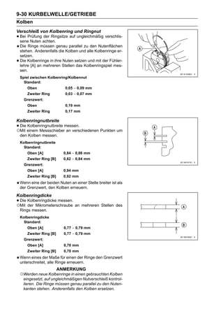 9-30 KURBELWELLE/GETRIEBE
Kolben
Verschleiß von Kolbenring und Ringnut
• Bei Prüfung achten.
  sene Nuten
              der Ringsitze auf ungleichmäßig verschlis-

    Die Ringe müssen genau parallel zu den Nutenflächen
    stehen. Anderenfalls die Kolben und alle Kolbenringe er-
    setzen.
•   Die Kolbenringe in ihre Nuten setzen und mit der Fühler-
    lehre [A] an mehreren Stellen das Kolbenringspiel mes-
    sen.
    Spiel zwischen Kolbenring/Kolbennut
      Standard:
        Oben                 0,05 ∼ 0,09 mm
        Zweiter Ring         0,03 ∼ 0,07 mm
      Grenzwert:
        Oben                 0,19 mm
        Zweiter Ring         0,17 mm

Kolbenringnutbreite
• Die einem Messschiebermessen.
○Mit
      Kolbenringnutbreite
                          an verschiedenen Punkten um
    den Kolben messen.
    Kolbenringnutbreite
      Standard:
        Oben [A]             0,84 ∼ 0,86 mm
        Zweiter Ring [B]     0,82 ∼ 0,84 mm
      Grenzwert:
        Oben [A]             0,94 mm
        Zweiter Ring [B]     0,92 mm
    Wenn eine der beiden Nuten an einer Stelle breiter ist als
    der Grenzwert, den Kolben erneuern.
Kolbenringdicke
• Die Kolbenringdicke messen. an mehreren Stellen des
○Mit der Mikrometerschraube
    Rings messen.
    Kolbenringdicke
      Standard:
        Oben [A]             0,77 ∼ 0,79 mm
        Zweiter Ring [B]     0,77 ∼ 0,79 mm
      Grenzwert:
        Oben [A]             0,70 mm
        Zweiter Ring [B]     0,70 mm
    Wenn eines der Maße für einen der Ringe den Grenzwert
    unterschreitet, alle Ringe erneuern.
                           ANMERKUNG
    ○Werden neue Kolbenringe in einen gebrauchten Kolben
     eingesetzt, auf ungleichmäßigen Nutverschleiß kontrol-
     lieren. Die Ringe müssen genau parallel zu den Nuten-
     kanten stehen. Anderenfalls den Kolben ersetzen.
 