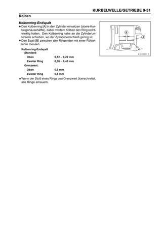 KURBELWELLE/GETRIEBE 9-31
Kolben
Kolbenring-Endspalt
• Den Kolbenring [A] dabei mit dem Kolben den(obere Kur-
  belgehäusehälfte),
                     in den Zylinder einsetzen
                                               Ring recht-
    winklig halten. Den Kolbenring nahe an die Zylinderun-
    terseite schieben, wo der Zylinderverschleiß gering ist.
•   Den Spalt [B] zwischen den Ringenden mit einer Fühler-
    lehre messen.
    Kolbenring-Endspalt
      Standard:
        Oben                0,12 ∼ 0,22 mm
        Zweiter Ring        0,30 ∼ 0,45 mm
      Grenzwert:
        Oben                0,5 mm
        Zweiter Ring        0,8 mm
    Wenn der Stoß eines Rings den Grenzwert überschreitet,
    alle Ringe erneuern.
 