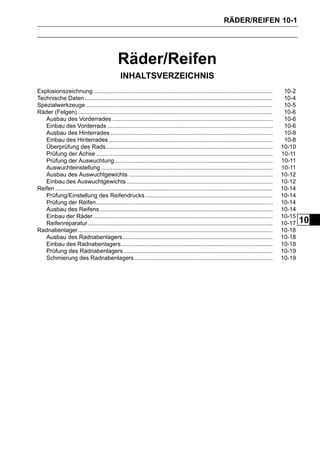 RÄDER/REIFEN 10-1




                                               Räder/Reifen
                                                 INHALTSVERZEICHNIS
Explosionszeichnung..............................................................................................................               10-2
Technische Daten ...................................................................................................................            10-4
Spezialwerkzeuge ..................................................................................................................             10-5
Räder (Felgen) .......................................................................................................................          10-6
   Ausbau des Vorderrades ..................................................................................................                    10-6
   Einbau des Vorderrads .....................................................................................................                  10-6
   Ausbau des Hinterrades ...................................................................................................                   10-8
   Einbau des Hinterrades ....................................................................................................                  10-8
   Überprüfung des Rads......................................................................................................                  10-10
   Prüfung der Achse ............................................................................................................              10-11
   Prüfung der Auswuchtung.................................................................................................                    10-11
   Auswuchteinstellung .........................................................................................................               10-11
   Ausbau des Auswuchtgewichts ........................................................................................                        10-12
   Einbau des Auswuchtgewichts .........................................................................................                       10-12
Reifen .....................................................................................................................................   10-14
   Prüfung/Einstellung des Reifendrucks ..............................................................................                         10-14
   Prüfung der Reifen............................................................................................................              10-14
   Ausbau des Reifens..........................................................................................................                10-14
   Einbau der Räder..............................................................................................................              10-15
   Reifenreparatur .................................................................................................................           10-17   10
Radnabenlager .......................................................................................................................          10-18
   Ausbau des Radnabenlagers............................................................................................                       10-18
   Einbau des Radnabenlagers.............................................................................................                      10-18
   Prüfung des Radnabenlagers ...........................................................................................                      10-19
   Schmierung des Radnabenlagers.....................................................................................                          10-19
 