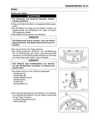 RÄDER/REIFEN 10-15
Reifen
Einbau der Räder
                          ACHTUNG
    Für Vorderrad und Hinterrad dieselben Arbeits-
    schritte ausführen.

• Felge und Reife kontrollieren und gegebenenfalls austau-
  schen.
• Die Dichtfläche der Felge und desder Felgereinigen und
  gegebenenfalls die Dichtflächen
                                      Reifens
                                              mit feinem
    Schmirgelpapier glätten.
•   Das Reifenventil ausbauen und entsorgen.
                         VORSICHT
    Das Reifenventil immer ersetzen, wenn der Reifen
    gewechselt wird. Das Reifenventil nicht erneut ver-
    wenden.

• Ein neues Ventil in der Felge einbauen.
○Die Reifenventilkappe entfernen, die        Schaftdichtung
    [A] mit Seifenlösung oder einem Gummischmiermittel
    schmieren und den Reifenventilschaft [B] durch die Felge
    von innen nach außen ziehen, bis er einrastet.
                         VORSICHT
    Kein Motoröl oder Erdöldestillate zum Schmie-
    ren des Ventilschafts verwenden, da dadurch der
    Gummi altert.

○Das Reifenventil ist in der Abbildung dargestellt.
     Ventilkappe [A]
     Ventileinsatz [B]
     Ventilschaftdichtung [C]
     Ventilschaft [D]
     Ventilsitz [E]
     Ventil geöffnet [F]




• Die Laufrichtungsmarkierungund die Reifen seitenrichtig
  und Hinterrad kontrollieren
                              des Reifens von Vorderrad

    auf der Felge montieren.
     Laufrichtungsmarkierung [A]
     Drehrichtung [B]
 