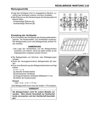 REGELMÄßIGE WARTUNG 2-25
Wartungsschritte
    Liegt das Ventilspiel nicht im angegebenen Bereich, zu-
    nächst das Ventilspiel notieren und dann einstellen.
•   Alle Ölräume vor den Nockenkuppen der Nockenwelle mit
    Motoröl füllen.
     Einlassseitige Ölräume [A]
     Auslassseitige Ölräume [B]




Einstellung des Ventilspiels
• Zum Einstellen des Ventilspiels den Nockenwellenketten-
  spanner, die Nockenwellen und Ventilstößel ausbauen.
    Die Beilagscheibe durch eine Beilagscheibe anderer Di-
    cke ersetzen.
                        ANMERKUNG
    ○Die  Lage des Ventilstößels und der Beilagscheiben
     markieren und notieren, damit sie später wieder an der
     Originalposition eingebaut werden können.

• Die Beilagscheibe von Schmutz- oder Ölablagerungen
  reinigen.
• Dicke der herausgenommenen Beilagscheibe [A] mes-
  sen.
• Eine neue Berechnung der Beilagscheibendicke wie folgt
  wählen.
     a+b–c=d
     [a] Aktuelle Scheibenstärke
     [b] Gemessenes Ventilspiel
     [c] Vorgeschriebenes Ventilspiel (Mittelwert= 0,16)
     [d] Stärke der Ersatzscheibe
    Beispiel:
      1,600 + 0,33 – 0,16 = 1,77 mm
○Die Beilagscheibe durch eine der Größe 1,775 ersetzen.
                         VORSICHT
    Die Beilagscheiben nicht für andere Modelle ver-
    wenden. Dies könnte Verschleiß am Ventilschaf-
    tende verursachen und den Ventilschaft beschädi-
    gen.
 