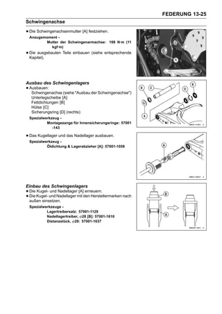 FEDERUNG 13-25
Schwingenachse

• Die Schwingenachsenmutter [A] festziehen.
 Anzugsmoment -
        Mutter der Schwingenarmachse: 108 N·m (11
          kgf·m)
• Die ausgebauten Teile einbauen (siehe entsprechende
  Kapitel).




Ausbau des Schwingenlagers
• Ausbauen:
   Schwingenachse (siehe "Ausbau der Schwingenachse")
   Unterlegscheibe [A]
   Fettdichtungen [B]
   Hülse [C]
   Sicherungsring [D] (rechts)
 Spezialwerkzeug -
          Montagezange für Innensicherungsringe: 57001
             -143

• Das Kugellager und das Nadellager ausbauen.
 Spezialwerkzeug -
          Öldichtung & Lagerabzieher [A]: 57001-1058




Einbau des Schwingenlagers
• Die Kugel- und Nadellager mit den Herstellermarken nach
      Kugel- und Nadellager [A] erneuern.
• Die einsetzen.
  außen
 Spezialwerkzeuge -
          Lagertreibersatz: 57001-1129
          Nadellagertreiber, 28 [B]: 57001-1610
          Distanzstück, 28: 57001-1637
 