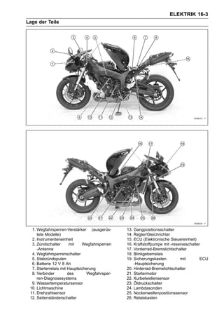 ELEKTRIK 16-3
Lage der Teile




  1. Wegfahrsperren-Verstärker (ausgerüs-       13. Gangpositionsschalter
     tete Modelle)                              14. Regler/Gleichrichter
  2. Instrumenteneinheit                        15. ECU (Elektronische Steuereinheit)
  3. Zündschalter       mit    Wegfahrsperren   16. Kraftstoffpumpe mit -reserveschalter
     -Antenne                                   17. Vorderrad-Bremslichtschalter
  4. Wegfahrsperrenschalter                     18. Blinkgeberrelais
  5. Stabzündspulen                             19. Sicherungskasten         mit        ECU
  6. Batterie 12 V 8 Ah                             -Hauptsicherung
  7. Starterrelais mit Hauptsicherung           20. Hinterrad-Bremslichtschalter
  8. Verbinder         des       Wegfahrsper-   21. Startermotor
     ren-Diagnosesystems                        22. Kurbelwellensensor
  9. Wassertemperatursensor                     23. Öldruckschalter
 10. Lichtmaschine                              24. Lambdasonden
 11. Drehzahlsensor                             25. Nockenwellenpositionssensor
 12. Seitenständerschalter                      26. Relaiskasten
 