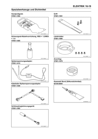 ELEKTRIK 16-19
Spezialwerkzeuge und Dichtmittel
Handprüfgerät:                                Griff:
57001-1394                                    57001-1591




Schwungrad-Abziehvorrichtung, M38 × 1,5/M35   Läuferhalter:
× 1,5:                                        57001-1666
57001-1405




                                              Anschlag:
Spitzenspannungsadapter:                      57001-1679
57001-1415




                                              Kawasaki Bond (Silikondichtmittel):
Kabelader-Spitzenspannungsadapter:            92104-0004
57001-1449




Schlüsselregistrierungsgerät:
57001-1582
 