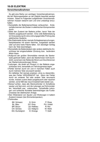 16-20 ELEKTRIK
Vorsichtsmaßnahmen
  Es gibt eine Reihe von wichtigen Vorsichtsmaßnahmen,
die bei Wartungsarbeiten an der Elektrik beachtet werden
müssen. Diese im Folgenden aufgeführten Vorsichtsmaß-
nahmen müssen bekannt sein und sind unbedingt einzu-
halten.
○Keinesfalls die Batterieanschlüsse vertauschen. Ande-
  renfalls brennen die Dioden in elektrischen Komponenten
  durch.
○Stets den Zustand der Batterie prüfen, bevor Teile der
  Elektrik ausgetauscht werden. Eine volle Batterieladung
  ist Voraussetzung für eine ordnungsgemäße Prüfung des
  elektrischen Systems.
○Die Elektroteile dürfen niemals Schlagbeanspruchungen,
  beispielsweise mit einem Hammer, ausgesetzt werden
  oder auf eine harte Fläche fallen. Ein derartiger Schlag
  kann die Teile beschädigen.
○Keinesfalls die Batteriekabel oder andere elektrische An-
  schlüsse bei eingeschalteter Zündung bzw. laufendem
  Motor lösen.
○Aufgrund der großen Stromstärke niemals die Starter-
  taste gedrückt halten, wenn der Startermotor nicht durch-
  dreht, sonst kann der fließende Strom zum Durchbrennen
  der Startermotorwicklungen führen.
○Leitungen, die direkt am Pluspol (+) der Batterie ange-
  schlossen sind, keinesfalls an Fahrzeugmasse legen.
○Fehler können durch ein und in manchen Fällen auch
  durch mehrere Teile verursacht werden.
  Ein defektes Teil niemals ersetzen, ohne zu überprüfen,
  was den Fehler VERURSACHT hat. Wenn der Fehler
  durch ein anderes Teil oder andere Teile verursacht
  wurde, müssen zuerst diese ausgetauscht oder repariert
  werden, sonst fällt das neue Ersatzteil bald wieder aus.
○Darauf achten, dass alle Steckverbinder im Schaltkreis
  sauber und fest sind, und die Leitungen auf Schmorstel-
  len, Verschleiß usw. untersuchen. Schadhafte Leitun-
  gen und schlechte Kontakte beeinträchtigen die Funkti-
  onsweise der elektrischen Anlage.
○Den Widerstand von Spulen und Wicklungen in kaltem
  Zustand messen (bei Zimmertemperatur).
○Farbcodes:
     BK: Schwarz          G: Grün             P: Rosa
     BL: Blau            GY: Grau            PU: Violett
     BR: Braun           LB: Hellblau         R: Rot
     CH: Schoko          LG: Hellgrün         W: Weiß
     DG: Dunkelgrün       O: Orange           Y: Gelb
 