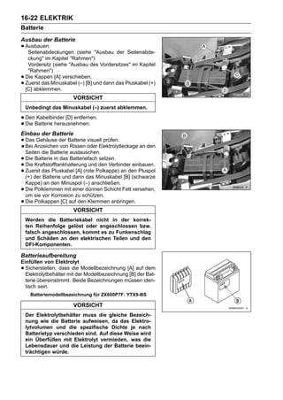 16-22 ELEKTRIK
Batterie
Ausbau der Batterie
• Ausbauen:
   Seitenabdeckungen      (siehe "Ausbau der Seitenabde-
     ckung" im Kapitel "Rahmen")
     Vordersitz (siehe "Ausbau des Vordersitzes" im Kapitel
     "Rahmen")
•   Die Kappen [A] verschieben.
•   Zuerst das Minuskabel (–) [B] und dann das Pluskabel (+)
    [C] abklemmen.
                        VORSICHT
    Unbedingt das Minuskabel (–) zuerst abklemmen.

• DenBatterie herausnehmen.
      Kabelbinder [D] entfernen.
• Die
Einbau der Batterie
• DasAnzeichender Batterie oder Elektrolytleckage an den
  Bei
      Gehäuse
              von Rissen
                           visuell prüfen.

    Seiten die Batterie austauschen.
•   Die Batterie in das Batteriefach setzen.
•   Die Kraftstofftankhalterung und den Verbinder einbauen.
•   Zuerst das Pluskabel [A] (rote Polkappe) an den Pluspol
    (+) der Batterie und dann das Minuskabel [B] (schwarze
    Kappe) an den Minuspol (–) anschließen.
•   Die Polklemmen mit einer dünnen Schicht Fett versehen,
    um sie vor Korrosion zu schützen.
•   Die Polkappen [C] auf den Klemmen anbringen.
                        VORSICHT
    Werden die Batteriekabel nicht in der korrek-
    ten Reihenfolge gelöst oder angeschlossen bzw.
    falsch angeschlossen, kommt es zu Funkenschlag
    und Schäden an den elektrischen Teilen und den
    DFI-Komponenten.

Batterieaufbereitung
Einfüllen von Elektrolyt
• Sicherstellen, dass die Modellbezeichnung [A] auf dem
  Elektrolytbehälter mit der Modellbezeichnung [B] der Bat-
  terie übereinstimmt. Beide Bezeichnungen müssen iden-
  tisch sein.
      Batteriemodellbezeichnung für ZX600P7F: YTX9-BS

                        VORSICHT
    Der Elektrolytbehälter muss die gleiche Bezeich-
    nung wie die Batterie aufweisen, da das Elektro-
    lytvolumen und die spezifische Dichte je nach
    Batterietyp verschieden sind. Auf diese Weise wird
    ein Überfüllen mit Elektrolyt vermieden, was die
    Lebensdauer und die Leistung der Batterie beein-
    trächtigen würde.
 