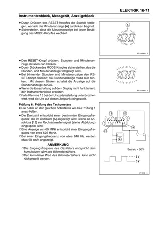 ELEKTRIK 16-71
Instrumentenblock, Messgerät, Anzeigeblock

• Durch Drücken des RESET-Knopfeszu blinken beginnt.
  gen, wonach die Minutenanzeige [A]
                                       die Stunde festle-

• Sicherstellen, dass die Minutenanzeige bei jeder Betäti-
  gung des MODE-Knopfes wechselt.




• Den RESET-Knopfblinken. Stunden- und Minutenan-
  zeige müssen nun
                     drücken;

• Durch DrückenMinutenanzeige festgelegt sind. das die
  Stunden- und
                 des MODE-Knopfes sicherstellen,

• Bei blinkender Stunden-Stundenanzeige muss den blin-
  SET-Knopf drücken; die
                          und Minutenanzeige
                                               nun
                                                   RE-

 ken. Mit diesem Blinken schaltet die Anzeige auf die
 Stundenanzeige zurück.
 Wenn die Umschaltung auf dem Display nicht funktioniert,
 den Instrumentenblock ersetzen.
○Falls Klemme 15 bei der Uhrzeiteinstellung unterbrochen
 wird, wird die Uhr auf diesen Zeitpunkt eingestellt.
Prüfung 6: Prüfung des Tachometers
•Die Kabel an den gleichen Schaltkreis wie bei Prüfung 1
 anschließen.
•Die Drehzahl entspricht einer bestimmten Eingangsfre-
 quenz, die im Oszillator [A] angezeigt wird, wenn an An-
 schluss [13] ein Rechteckwellensignal (siehe Abbildung)
 eingespeist wird.
○Eine Anzeige von 60 MPH entspricht einer Eingangsfre-
 quenz von etwa 525 Hertz.
○Bei einer Eingangsfrequenz von etwa 840 Hz werden
 etwa 60 km/h angezeigt.
                      ANMERKUNG
    ○Die Eingangsfrequenz des Oszillators entspricht dem
     kumulativen Wert des Kilometerzählers.
    ○Der kumulative Wert des Kilometerzählers kann nicht
     rückgestellt werden.
 