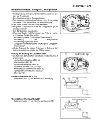 ELEKTRIK 16-77
Instrumentenblock, Messgerät, Anzeigeblock

• Niedrigen Gang einlegen und sicherstellen, dass das Dis-
  play auf 1 wechselt.
• ZumHinterrad mit Hilfe eines Ständers vom Boden abhe-
       Anzeigen anderer Gangpositionen;
• Das (siehe "Funktionsprüfung der Wegfahrsperre").
  ben
• Denjedem starten und den Gang wechseln.
       Motor
• Display wechseln.
  Bei        Gangwechsel muss die Gangposition [A] im

• Den Zündschalter ausschalten. zu Prüfung 1 gehen
  Wenn das Display nicht funktioniert,
    und folgende Punkte überprüfen.
     Verkabelung (siehe "Prüfung der Verkabelung")
     Verkabelung              des            Wegfahrsper-
     ren-Übertragungsschaltkreises
     Gangpositionsschalter (siehe "Prüfung des Gangpositi-
     onsschalters")
    Ist das Ergebnis der obigen Prüfungen in Ordnung, den
    Instrumentenblock und/oder die ECU ersetzen.
Prüfung 14: Prüfung der Leuchten (LED)
•Die Kabel an den gleichen Schaltkreis wie bei Prüfung 1
 anschließen.
   Leerlaufkontrollleuchte (LED) [A]
   Warnleuchte (LED) [B]
   Blinkerkontrollleuchte (LED) [C]
   Fernlicht-Kontrollleuchte (LED) [D]
   Kraftstoffstand-Warnleuchte (LED) [E]
   Hochschalt-Kontrollleuchte (LED) [F]
   Ölsymbol [G]
Leerlaufkontrollleuchte (LED)
  Batterieminuspol (–) von Klemme zu Klemme [1]




Ölsymbol und Warnleuchte (LED)
   Batterieminuspol (–) von Klemme zu Klemme [11]
 