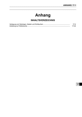 ANHANG 17-1




                                                      Anhang
                                            INHALTSVERZEICHNIS
Verlegung von Seilzügen, Kabeln und Schläuchen................................................................                     17-2
Anleitung zur Fehlersuche......................................................................................................   17-32




                                                                                                                                          17
 