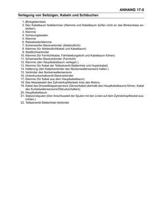 ANHANG 17-5
Verlegung von Seilzügen, Kabeln und Schläuchen
  1. Blinkgeberrelais
  2. Den Kabelbaum festklemmen (Klemme und Kabelbaum dürfen nicht an das Blinkerrelais an-
     stoßen).
  3. Klemme
  4. Sicherungskasten
  5. Klemme
  6. Relaiskastenklemme
  7. Scheinwerfer-Steckverbinder (Abblendlicht)
  8. Klemme (für Abblendlichtkabel und Kabelbaum)
  9. Stadtlichtverbinder
 10. Klemme (für Fernlichtkabel, Fahrtstellungslicht und Kabelbaum führen)
 11. Scheinwerfer-Steckverbinder (Fernlicht)
 12. Klemme (den Hauptkabelbaum verlegen.)
 13. Klemme (für Kabel der Teillastventil-Stelleinheit und Hupenkabel)
 14. Halterung (den Kabelverbinder des Nockenwellensensors halten.)
 15. Verbinder des Nockenwellensensors
 16. Unterdruckschaltventil-Steckverbinder
 17. Klemme (für Kabel aus dem Hauptkabelbaum)
 18. Das Massekabel des Zylinderkopfdeckels links des Motors.
 19. Kabel des Drosselklappensensors (Sensorkabel oberhalb des Hauptkabelbaums führen, Kabel
     des Kurbelwellensensors/Öldruckschalters)
 20. Hauptkabelbaum
 21. Stabzündspulen (Den Anschlussteil der Spulen mit den Linien auf dem Zylinderkopfdeckel aus-
     richten.)
 22. Teillastventil-Stellantrieb-Verbinder
 