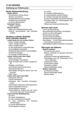 17-36 ANHANG
Anleitung zur Fehlersuche
Starke Abgasentwicklung:                       (zu weich)
 Weißer Rauch:                                 Zu niedrigem Reifenluftdruck
  Verschlissener Kolben-Ölring                 Zu wenig Gabelöl und/oder Öllecks
  Zylinder verschlissen                        Zu niedrige Viskosität des Gabelöls
  Ventilschaftdichtung beschädigt              Zu weich eingestelltes Hinterrad-Federbein
  Ventilführung verschlissen                   Ermüdete Feder von Vorderradgabel, Hin-
  Zu hohem Motorölstand                          terrad-Federbein
 Schwarzer Rauch:                              Öllecks des Hinterrad-Stoßdämpfers
  Luftfilter zugesetzt
 Brauner Rauch:                              Bremse zieht nicht:
  Halter des Luftfiltergehäuses locker        Luft in der Bremsleitung
  Schlecht verschlossener oder fehlender      Bremsklötze/Bremsscheiben verschlissen
    Luftfilter                                Austritt von Bremsflüssigkeit
                                              Bremsscheibe verzogen
Handling und/oder Stabilität                  Verschmutzte Bremsklötze
Nicht zufrieden stellend:                     Überalterte Bremsflüssigkeit
 Lenker lässt sich nur schwer drehen:         Beschädigte Primär-/Sekundärmanschette
  Falsch verlegte Seilzüge                      des Hauptbremszylinders
  Falsch verlegte Schläuche                   Beschädigte Hauptbremszylinder-Innenwand
  Falsch verlegte Kabel
  Zu fest angezogene Lenkschaftmutter        Störungen der Batterie:
  Lenkschaftlager beschädigt                  Batterie entladen:
  Mangelhaft geschmiertes Lenkschaftlager      Unzureichende Ladung
  Lenkschaft verbogen                          Batterie schadhaft (zu geringe Klemmen-
  Zu niedrigem Reifenluftdruck                   spannung)
 Lenker vibriert stark oder rüttelt:           Schlechter Kontakt des Batteriekabels
  Reifen verschlissen                          Übermäßige Last (z.B. Glühlampen mit zu
  Schwingenlager verschlissen                    hoher Wattzahl)
  Felge verzogen oder schlecht ausgewuch-      Zündschalter defekt
    tet                                        Lichtmaschine defekt
  Radlager verschlissen                        Verkabelung defekt
  Lenkerhalterungsschraube locker              Gleichrichter/Regler defekt
  Steuerkopfmutter lose                       Batterie überladen:
  Übermäßiger Schlag der Vorder- bzw. Hin-     Lichtmaschine defekt
    terachse                                   Gleichrichter/Regler defekt
  Motor locker                                 Batterie defekt
 Lenker zieht nach einer Seite:
  Verbogener Rahmen
  Falsche Radstellung
  Verbogene oder verdrehte Schwingen-
    achse
  Übermäßiger Schlag der Schwingenachse
  Falsch eingestellte Lenkung
  Vorderradgabel verbogen
  Unterschiedlicher Ölstand auf der linken
    und rechten Seite der Vorderradgabel
 Unzureichende Stoßdämpfung:
  (Zu hart)
  Zu hohem Gabelölstand
  Zu hohe Viskosität des Gabelöls
  Zu harte Einstellung des Hinterrad
    -Stoßdämpfers
  Zu hohem Reifenluftdruck
  Vorderradgabel verbogen
 