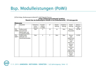 Bsp. Modulleistungen (PoWi)
7. 11. 2014 | ANWENDEN – MOTIVIEREN – VERNETZEN | LLZ-Jahrestagung | Seite 12
 