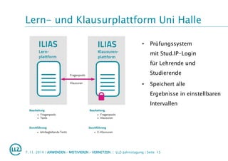 Lern- und Klausurplattform Uni Halle
7. 11. 2014 | ANWENDEN – MOTIVIEREN – VERNETZEN | LLZ-Jahrestagung | Seite 15
• Prüfungssystem
mit Stud.IP-Login
für Lehrende und
Studierende
• Speichert alle
Ergebnisse in einstellbaren
Intervallen
 