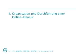 4. Organisation und Durchführung einer
Online-Klausur
7. 11. 2014 | ANWENDEN – MOTIVIEREN – VERNETZEN | LLZ-Jahrestagung | Seite 21
 