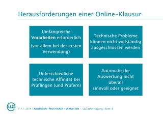 Herausforderungen einer Online-Klausur
7. 11. 2014 | ANWENDEN – MOTIVIEREN – VERNETZEN | LLZ-Jahrestagung | Seite 6
Umfangreiche
Vorarbeiten erforderlich
(vor allem bei der ersten
Verwendung)
Technische Probleme
können nicht vollständig
ausgeschlossen werden
Unterschiedliche
technische Affinität bei
Prüflingen (und Prüfern)
Automatische
Auswertung nicht
überall
sinnvoll oder geeignet
 